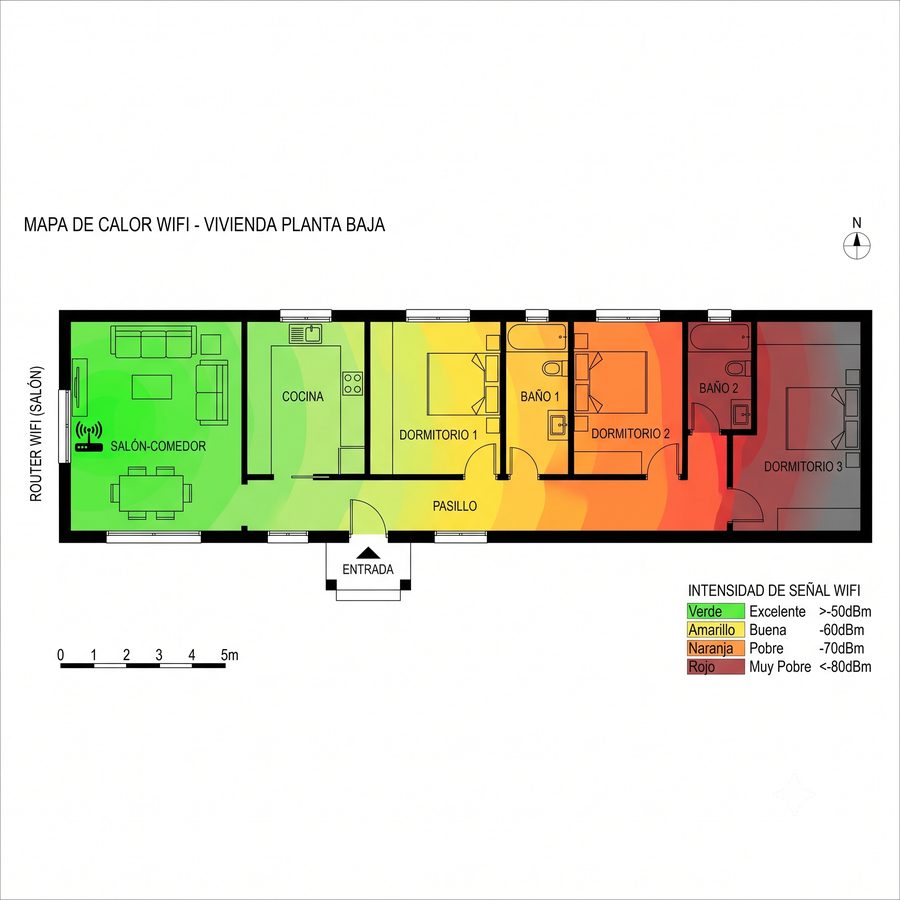Mapa de calor Wi-Fi antes de la instalación de Nimatel: señal pobre en varias habitaciones del hogar