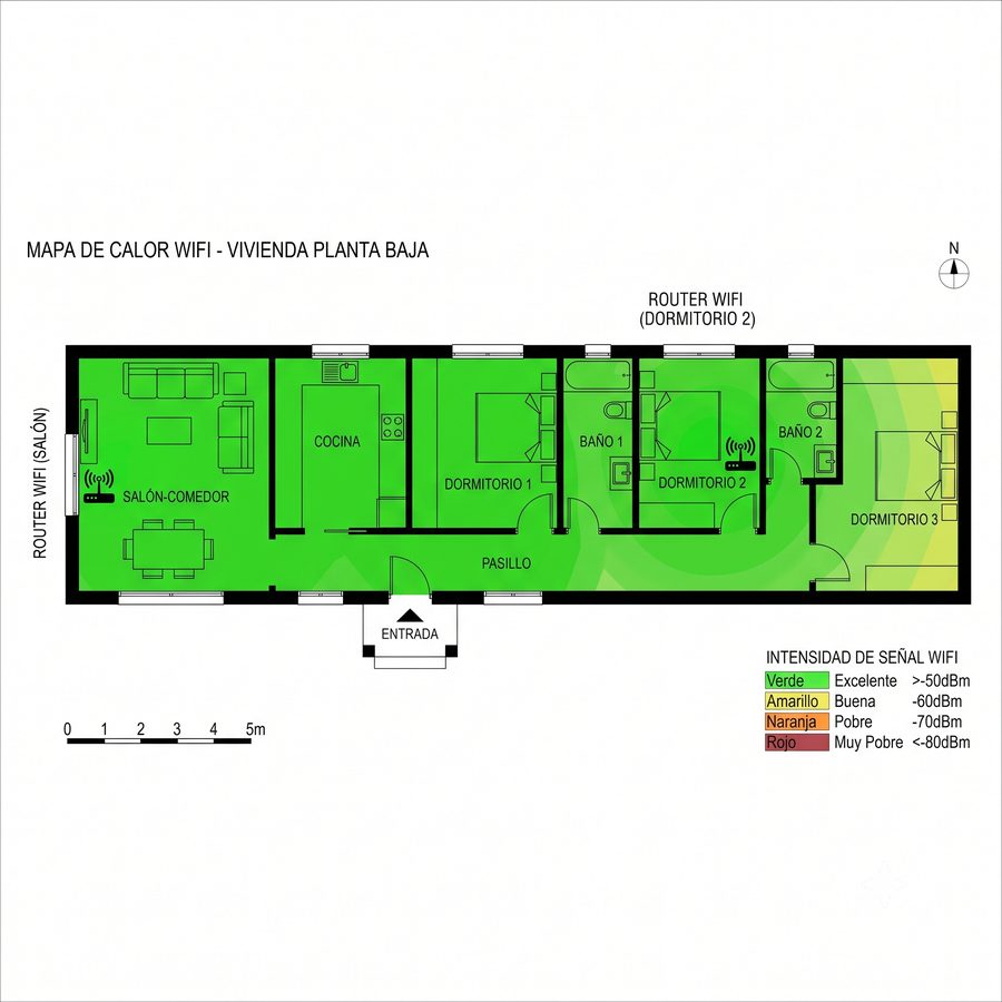 Mapa de calor Wi-Fi después de la instalación de Nimatel: señal excelente en toda la vivienda